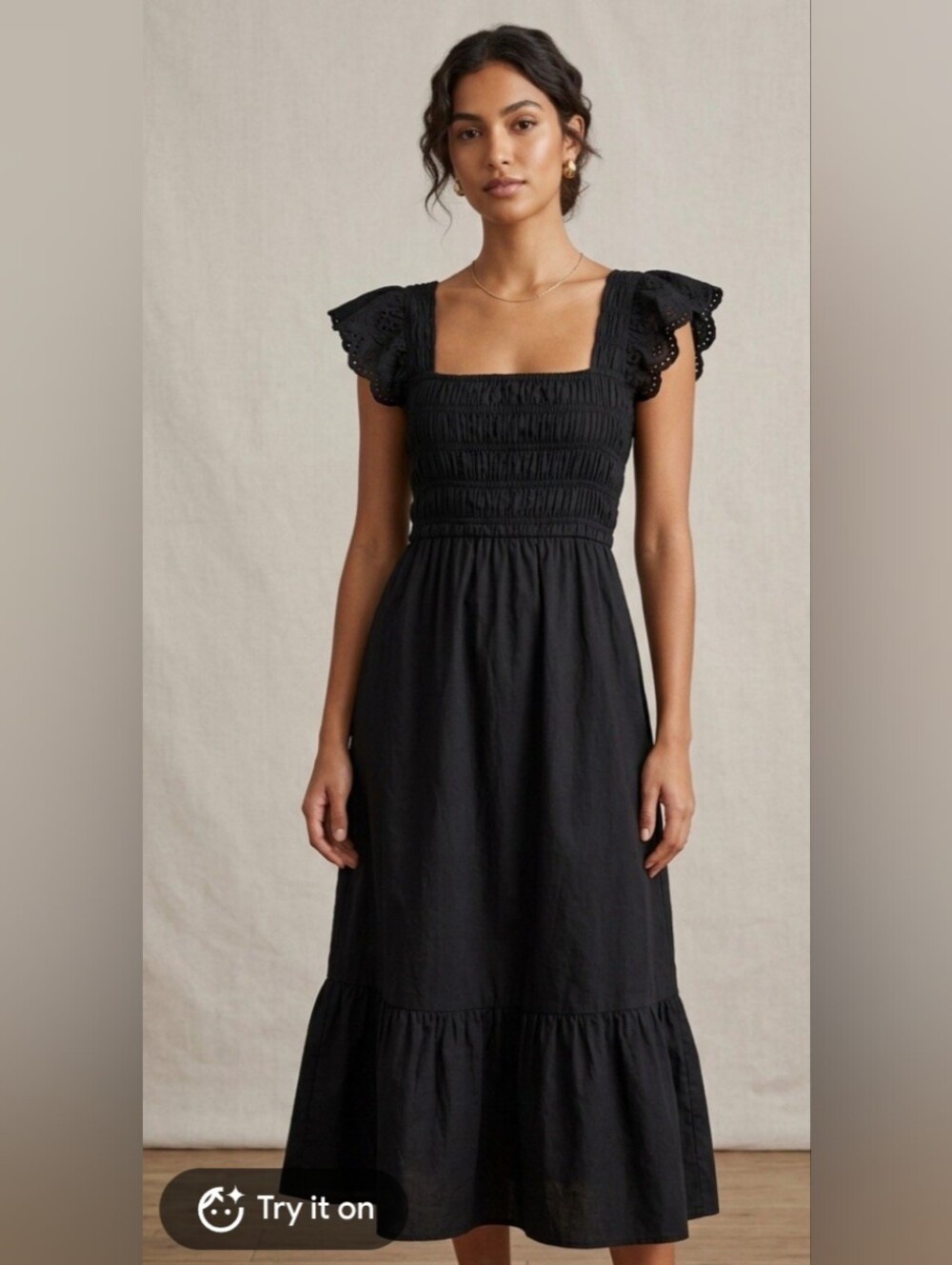 Jason Wu Black Smocked Midi Dress with Eyelet Flutter Sleeves Tie Back Size S